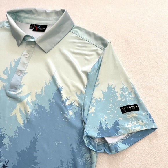 Yatta Men Blue Primal Forest Print Stretch Golf Standout Performance Polo S - Picture 4 of 7
